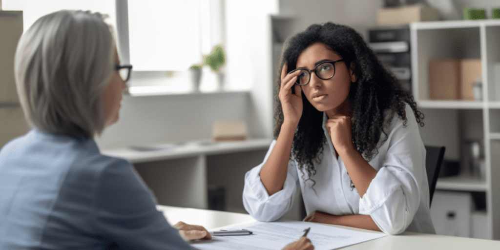 A woman with migraines talking to a chiropractor