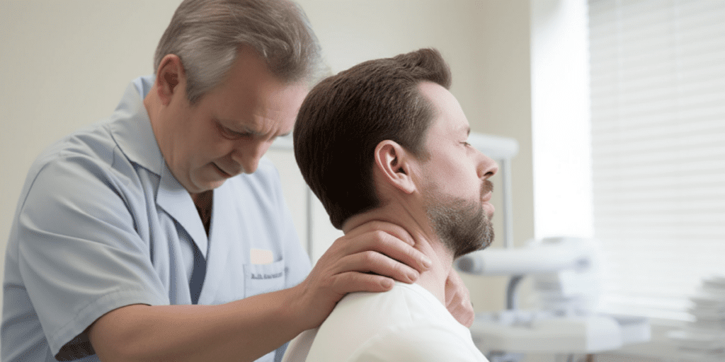 Chiropractor examining a mans neck